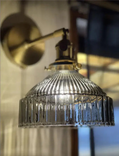 Vintage brass ribbed glass shade wall sconce bedroom lamp