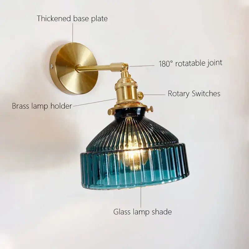 Vintage brass ribbed glass shade wall sconce bedroom lamp