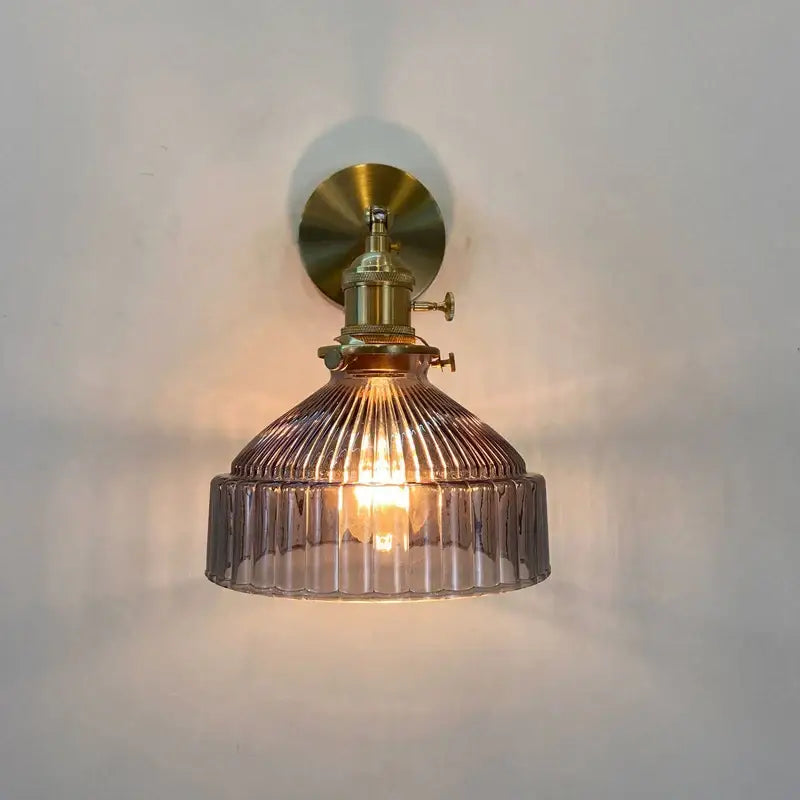 Vintage brass ribbed glass shade wall sconce bedroom lamp