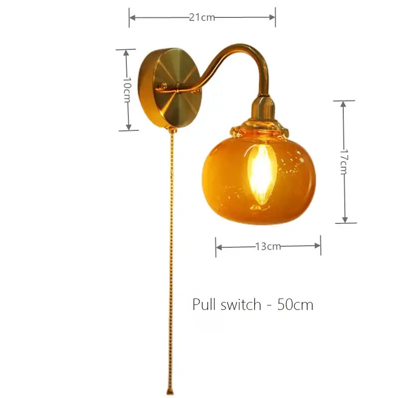 Vintage brass ribbed glass wall sconce lamp bedroom pull chain switch