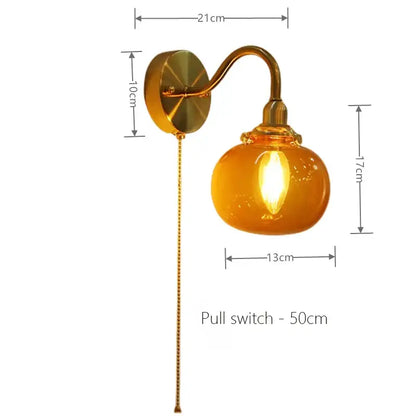 Vintage brass ribbed glass wall sconce lamp bedroom pull chain switch