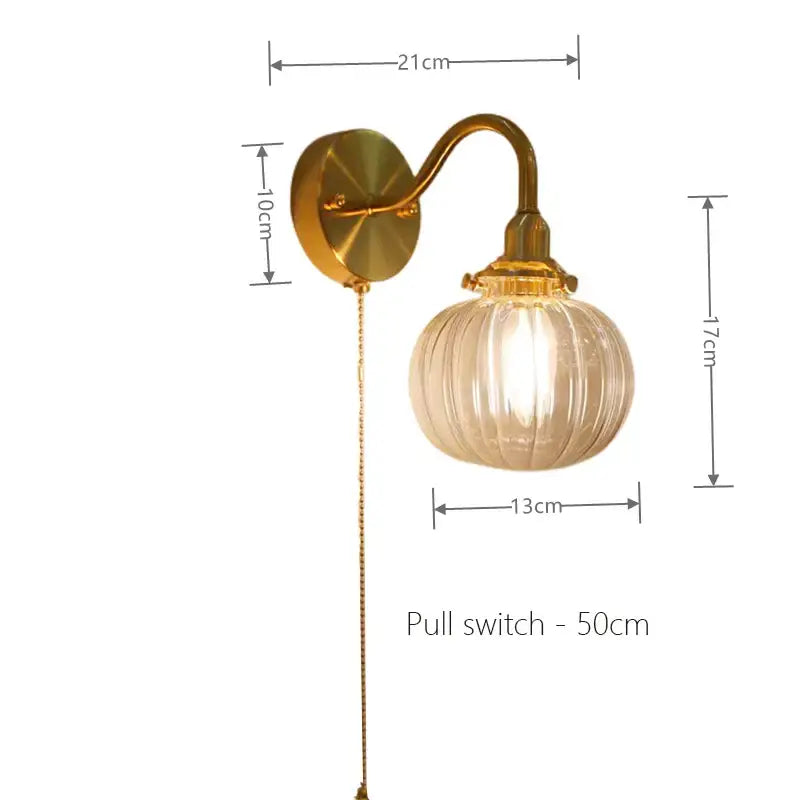 Vintage brass ribbed glass wall sconce lamp bedroom pull chain switch