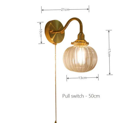 Vintage brass ribbed glass wall sconce lamp bedroom pull chain switch