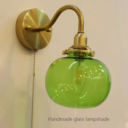 Vintage brass ribbed glass wall sconce lamp bedroom pull chain switch