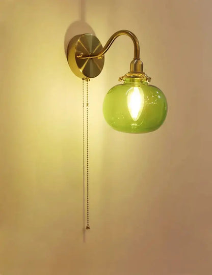 Vintage brass ribbed glass wall sconce lamp bedroom pull chain switch
