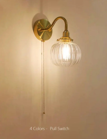 Vintage brass ribbed glass wall sconce lamp bedroom pull chain switch