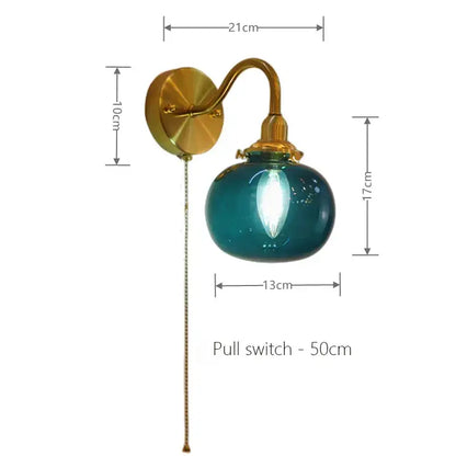 Vintage brass ribbed glass wall sconce lamp bedroom pull chain switch