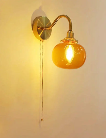 Vintage brass ribbed glass wall sconce lamp bedroom pull chain switch