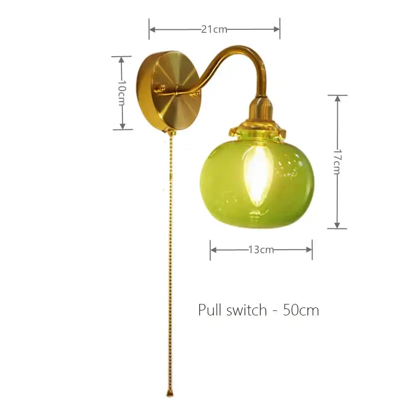 Vintage brass ribbed glass wall sconce lamp bedroom pull chain switch
