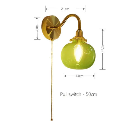 Vintage brass ribbed glass wall sconce lamp bedroom pull chain switch