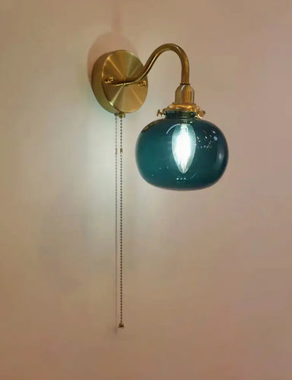 Vintage brass ribbed glass wall sconce lamp bedroom pull chain switch