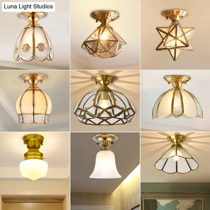 Vintage brass scallop semi flush mount bedroom light with etched glass