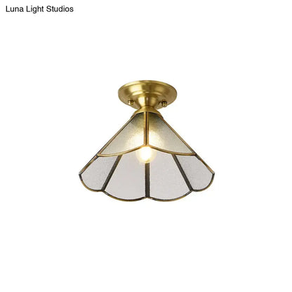 Vintage brass scallop semi flush mount bedroom light with etched glass