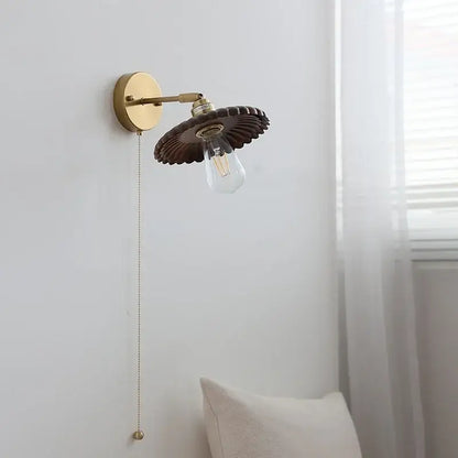 Vintage brass scalloped amber glass wall lamp bedroom light fixture