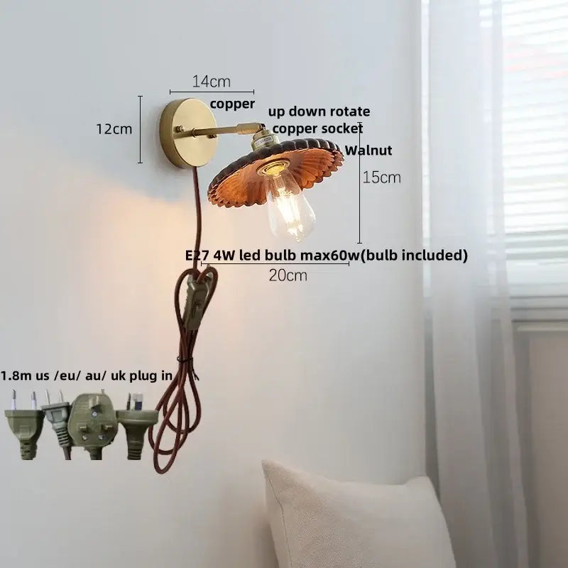 Vintage brass scalloped amber glass wall lamp bedroom light fixture