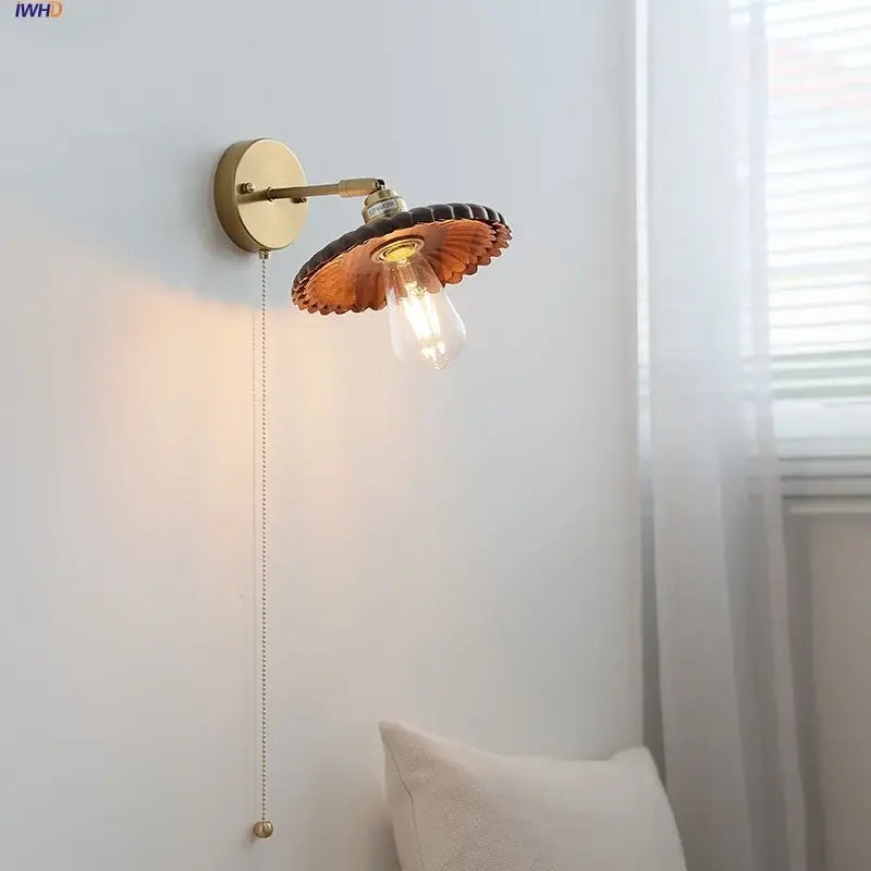 Vintage brass scalloped amber glass wall lamp bedroom light fixture