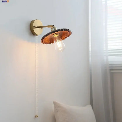 Vintage brass scalloped amber glass wall lamp bedroom light fixture