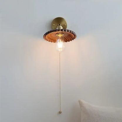 Vintage brass scalloped amber glass wall lamp bedroom light fixture
