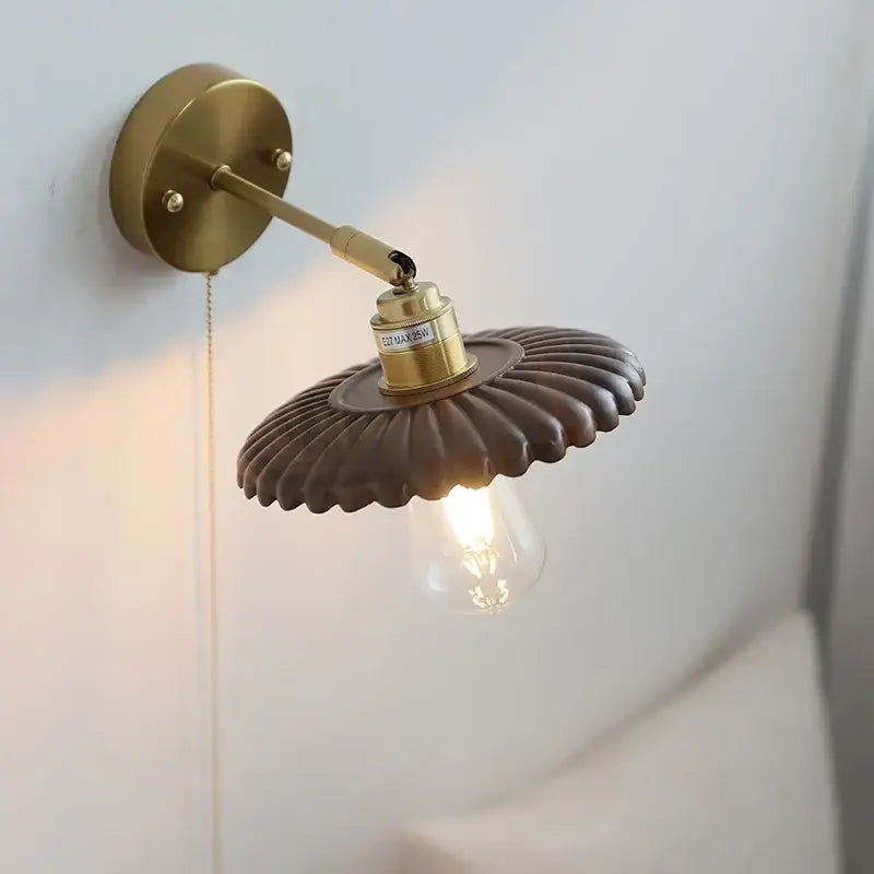 Vintage brass scalloped amber glass wall lamp bedroom light fixture