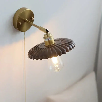 Vintage brass scalloped amber glass wall lamp bedroom light fixture