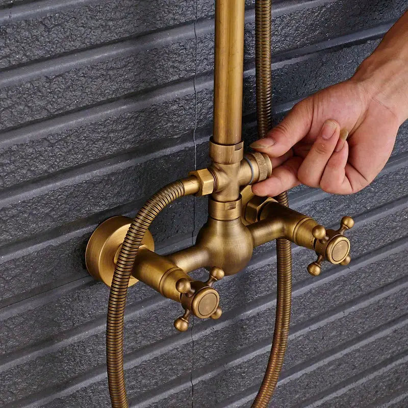 Vintage brass shower faucet mixer set bathroom rainfall head shelf