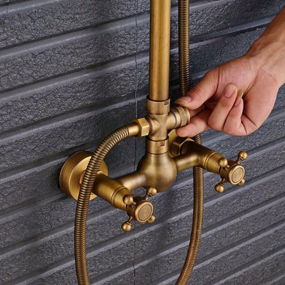 Vintage brass shower faucet mixer set bathroom rainfall head shelf