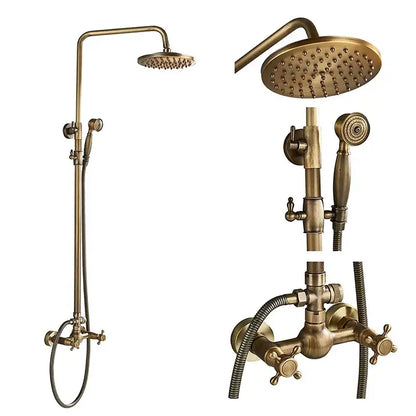 Vintage brass shower faucet mixer set bathroom rainfall head shelf