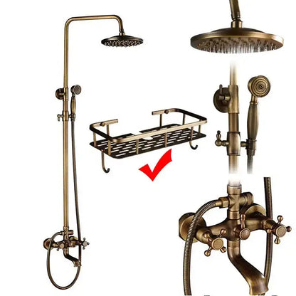 Vintage brass shower faucet mixer set bathroom rainfall head shelf