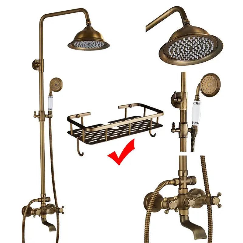 Vintage brass shower faucet mixer set bathroom rainfall head shelf