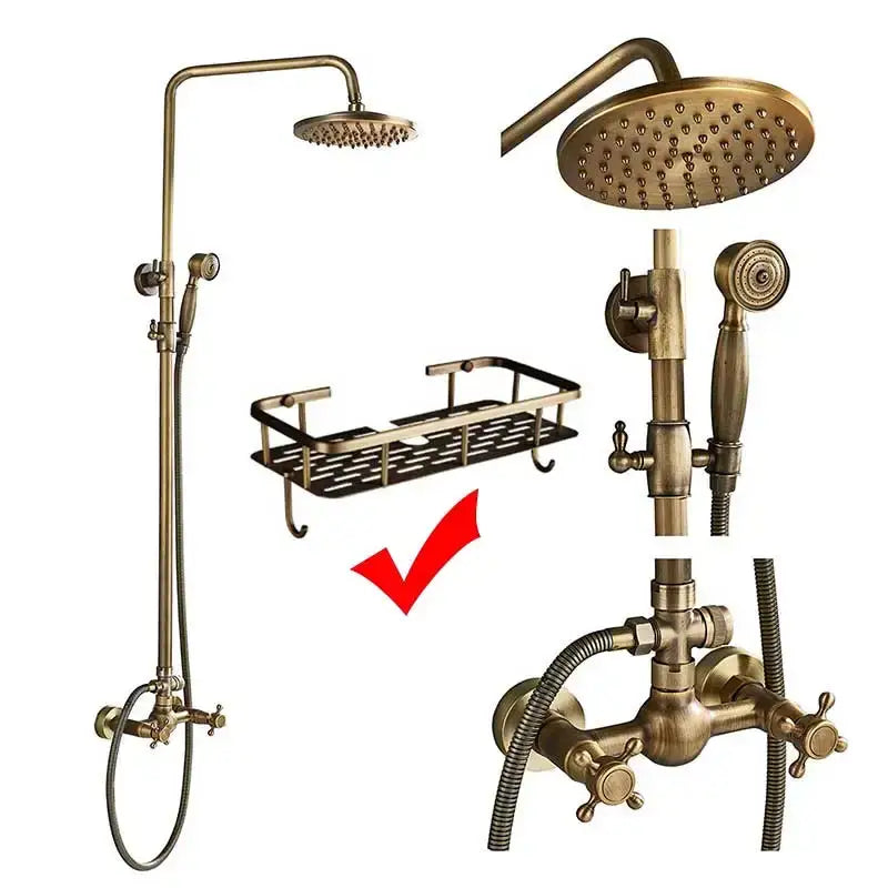 Vintage brass shower faucet mixer set bathroom rainfall head shelf