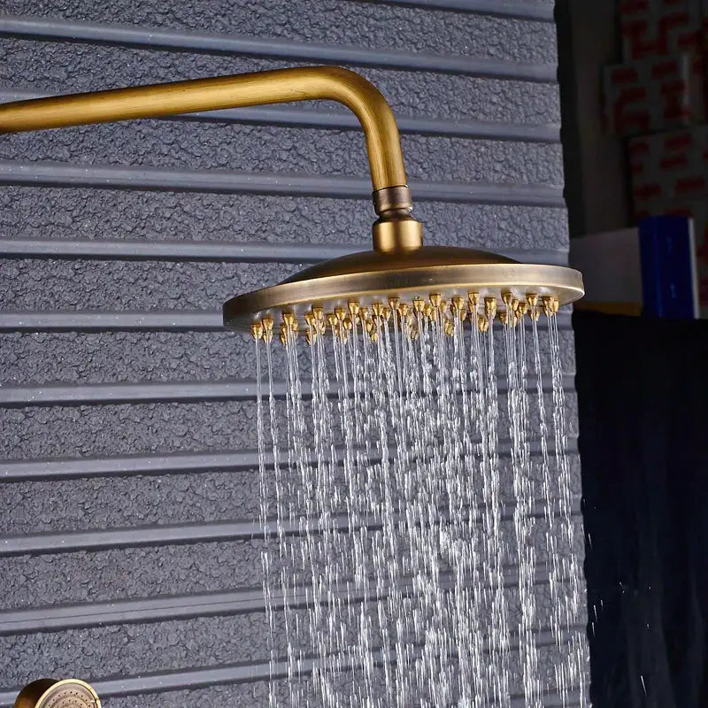 Vintage brass shower faucet mixer set bathroom rainfall head shelf