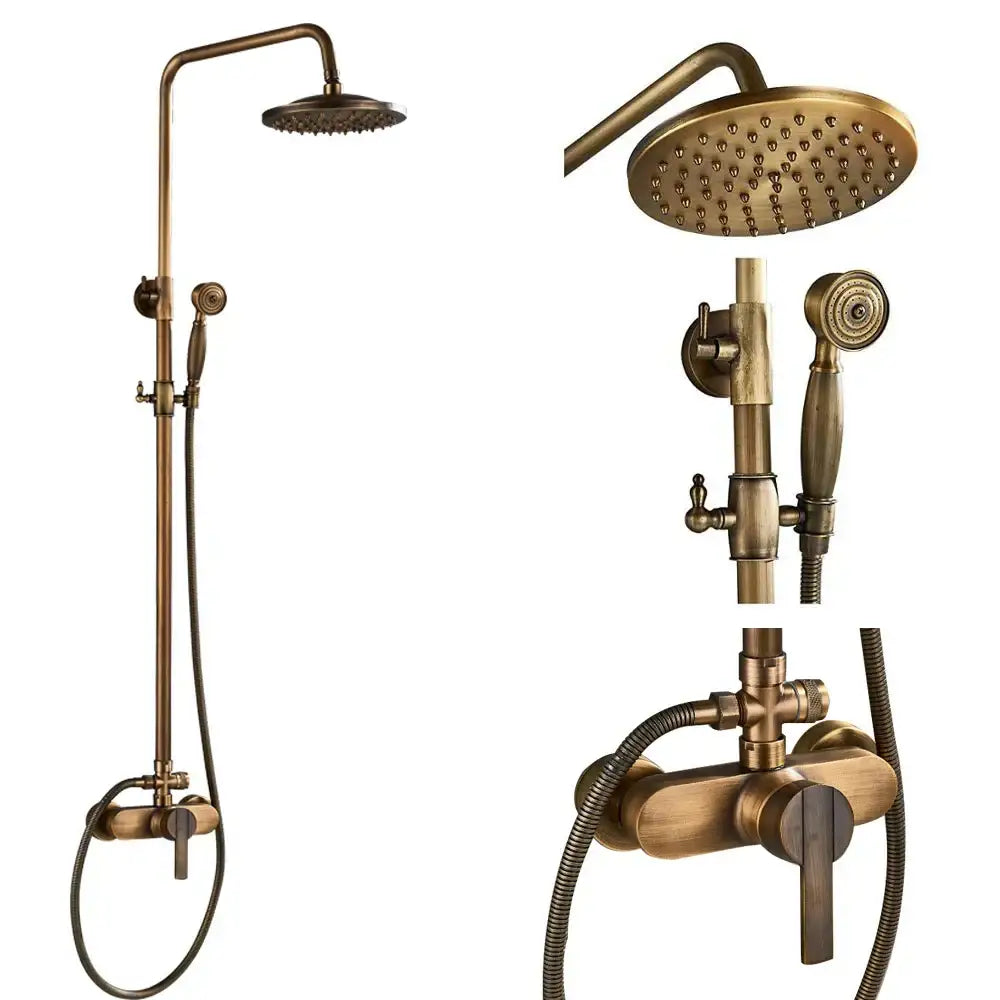 Vintage brass shower faucet mixer set bathroom rainfall head shelf