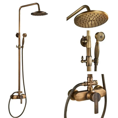 Vintage brass shower faucet mixer set bathroom rainfall head shelf