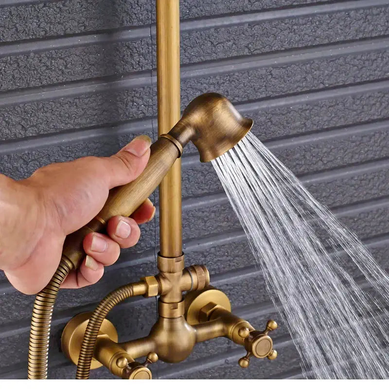 Vintage brass shower faucet mixer set bathroom rainfall head shelf