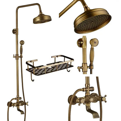 Vintage brass shower faucet mixer set bathroom rainfall head shelf