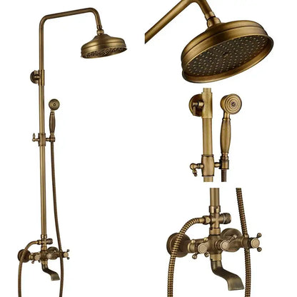 Vintage brass shower faucet mixer set bathroom rainfall head shelf