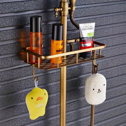 Vintage brass shower faucet mixer set bathroom rainfall head shelf