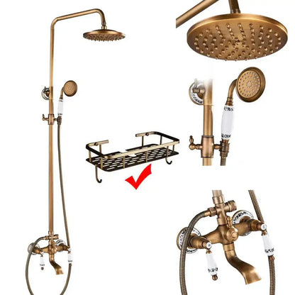 Vintage brass shower faucet mixer set bathroom rainfall head shelf