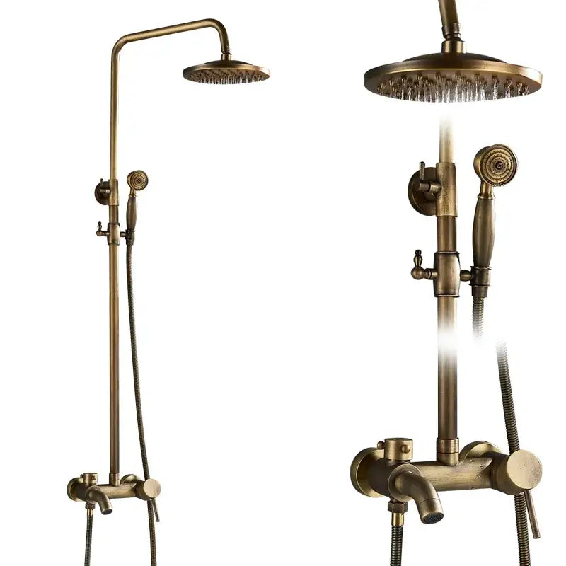 Vintage brass shower faucet mixer set bathroom rainfall head shelf