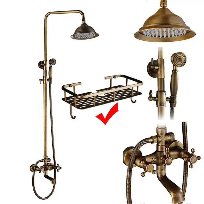 Vintage brass shower faucet mixer set bathroom rainfall head shelf