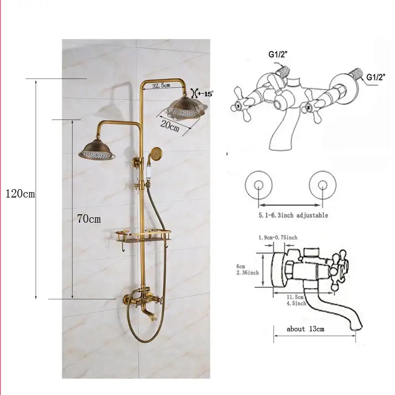 Vintage brass shower faucet mixer set bathroom rainfall head shelf