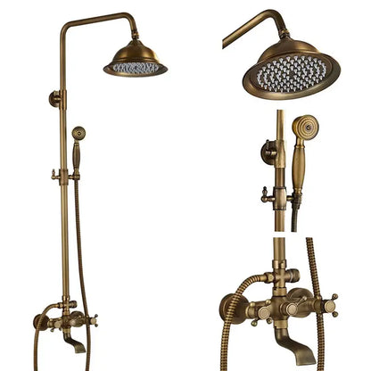 Vintage brass shower faucet mixer set bathroom rainfall head shelf