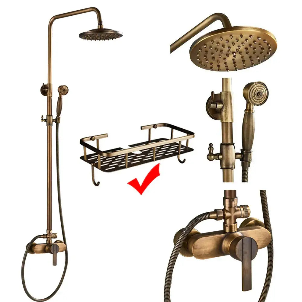 Vintage brass shower faucet mixer set bathroom rainfall head shelf