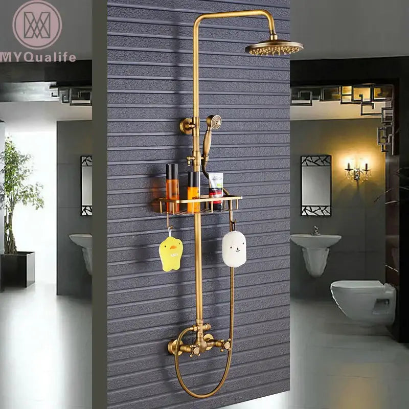 Vintage brass shower faucet mixer set bathroom rainfall head shelf
