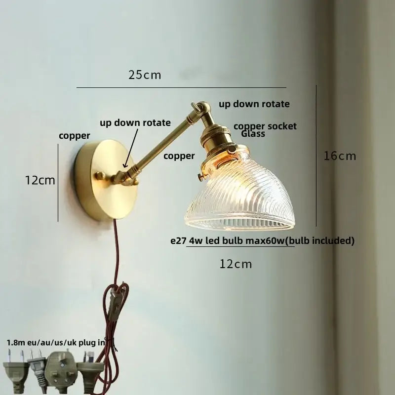 Vintage brass swing arm wall light fixture bedroom glass sconce