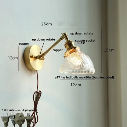 Vintage brass swing arm wall light fixture bedroom glass sconce