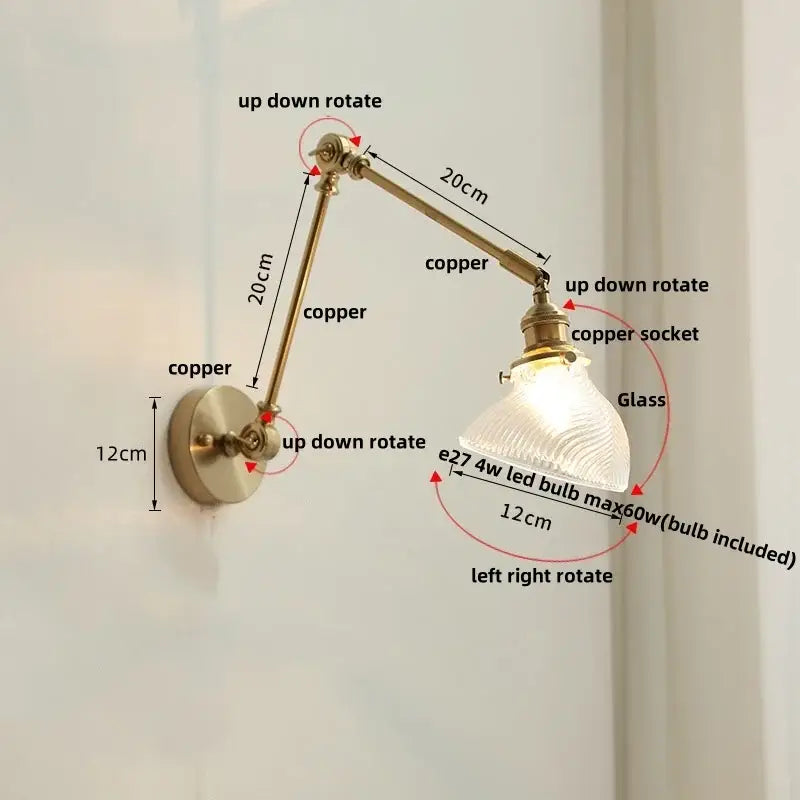 Vintage brass swing arm wall light fixture bedroom glass sconce