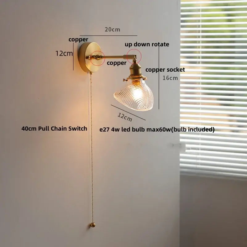 Vintage brass swing arm wall light fixture bedroom glass sconce