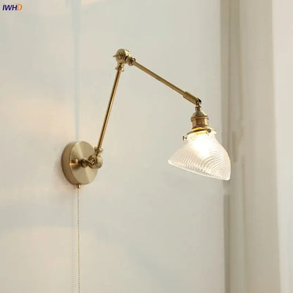 Vintage brass swing arm wall light fixture bedroom glass sconce