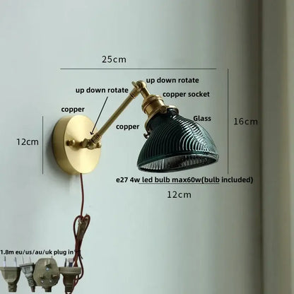 Vintage brass swing arm wall light fixture bedroom glass sconce